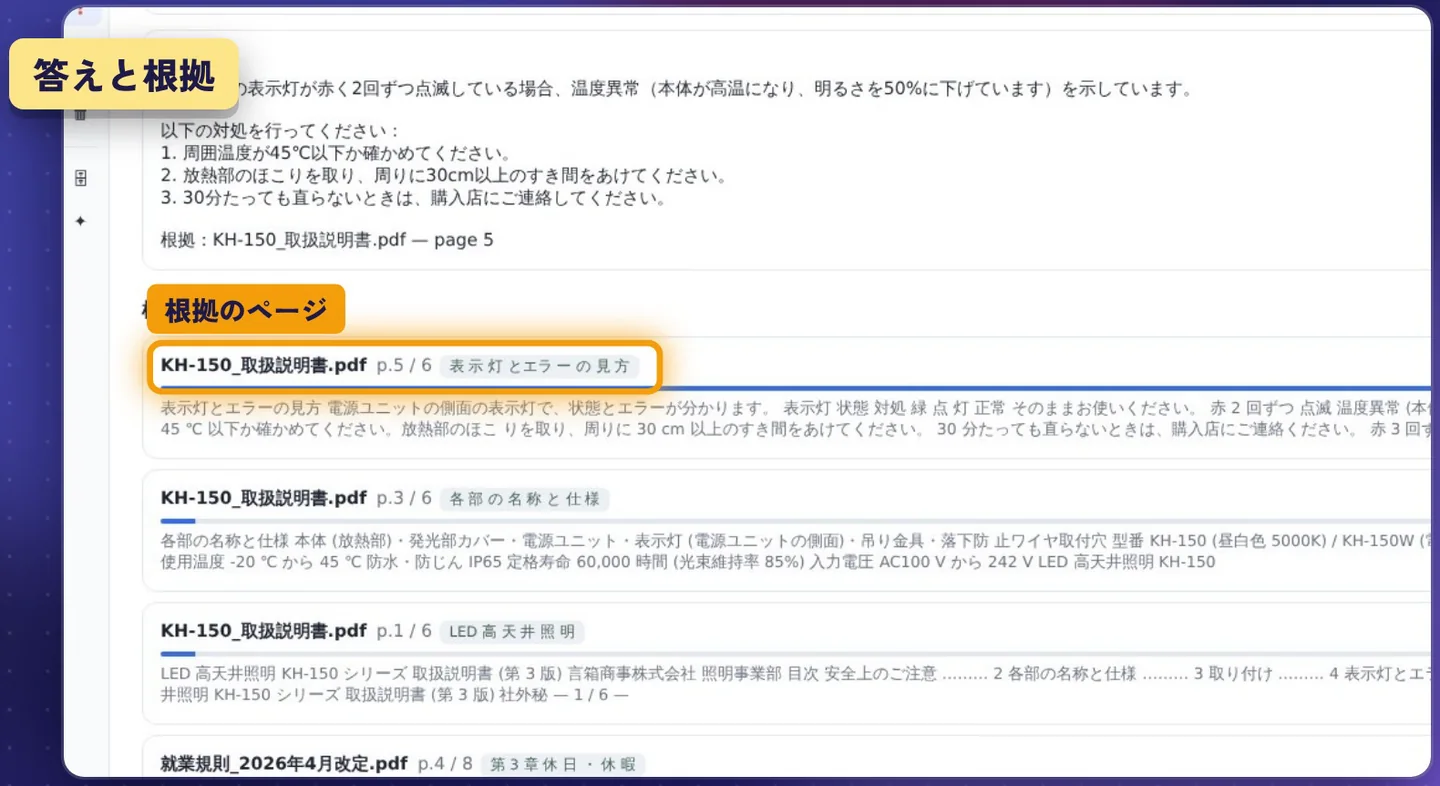 ファイルに質問 — 設備の取扱説明書から、答えと根拠のページ (資料は架空のサンプル)