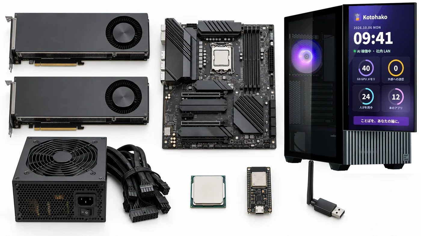 言箱 Core の中身: V100 GPU ×2、マザーボード、1000W 電源、CPU、管理マイコン、USB Wi-Fi、前面ディスプレイ付きのケース