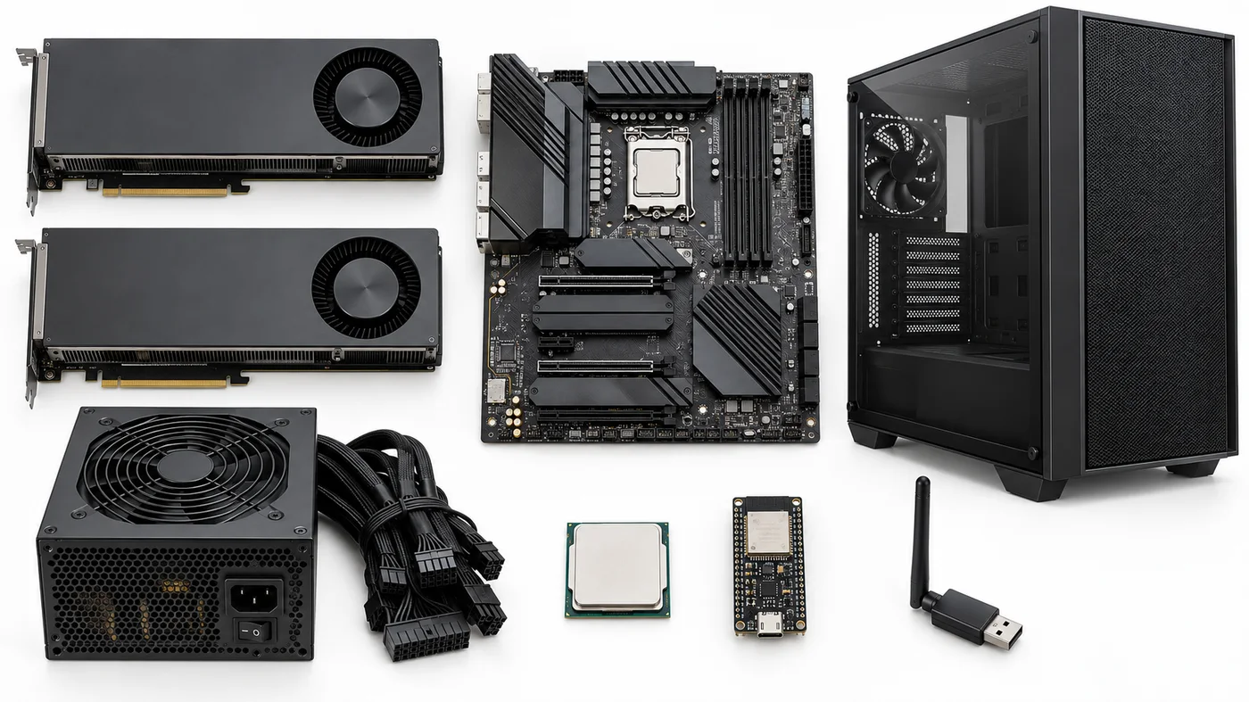 言箱 Core の中身: V100 GPU ×2、マザーボード、1000W 電源、CPU、管理マイコン、USB Wi-Fi、ケース